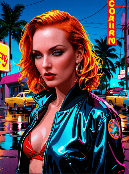 woman, cars, neon signs
