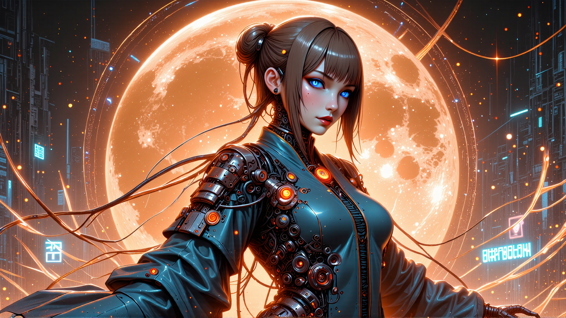AI generated wallpaper featuring cyborg, woman, cityscape, planet