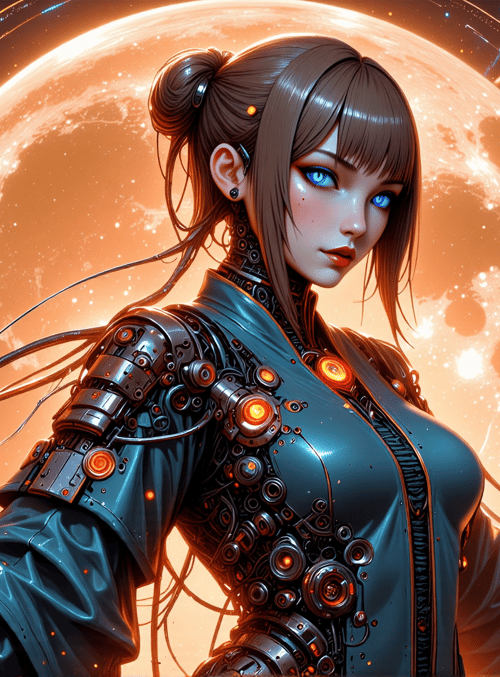 cyborg, woman, cityscape, planet