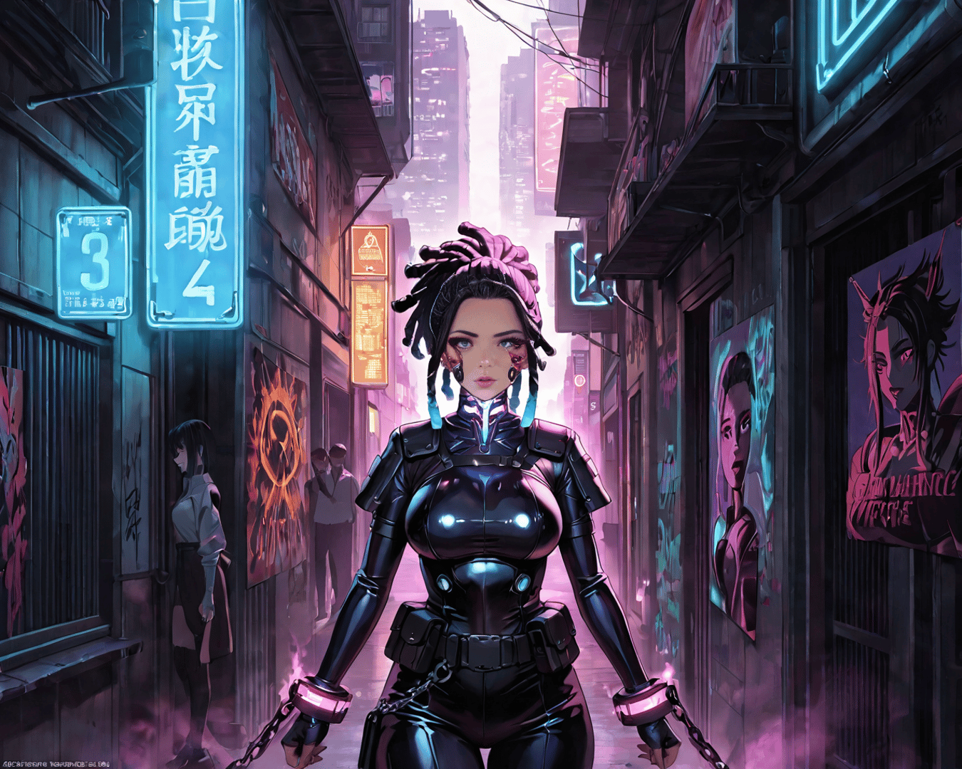 AI generated wallpaper featuring cyborg, woman, street