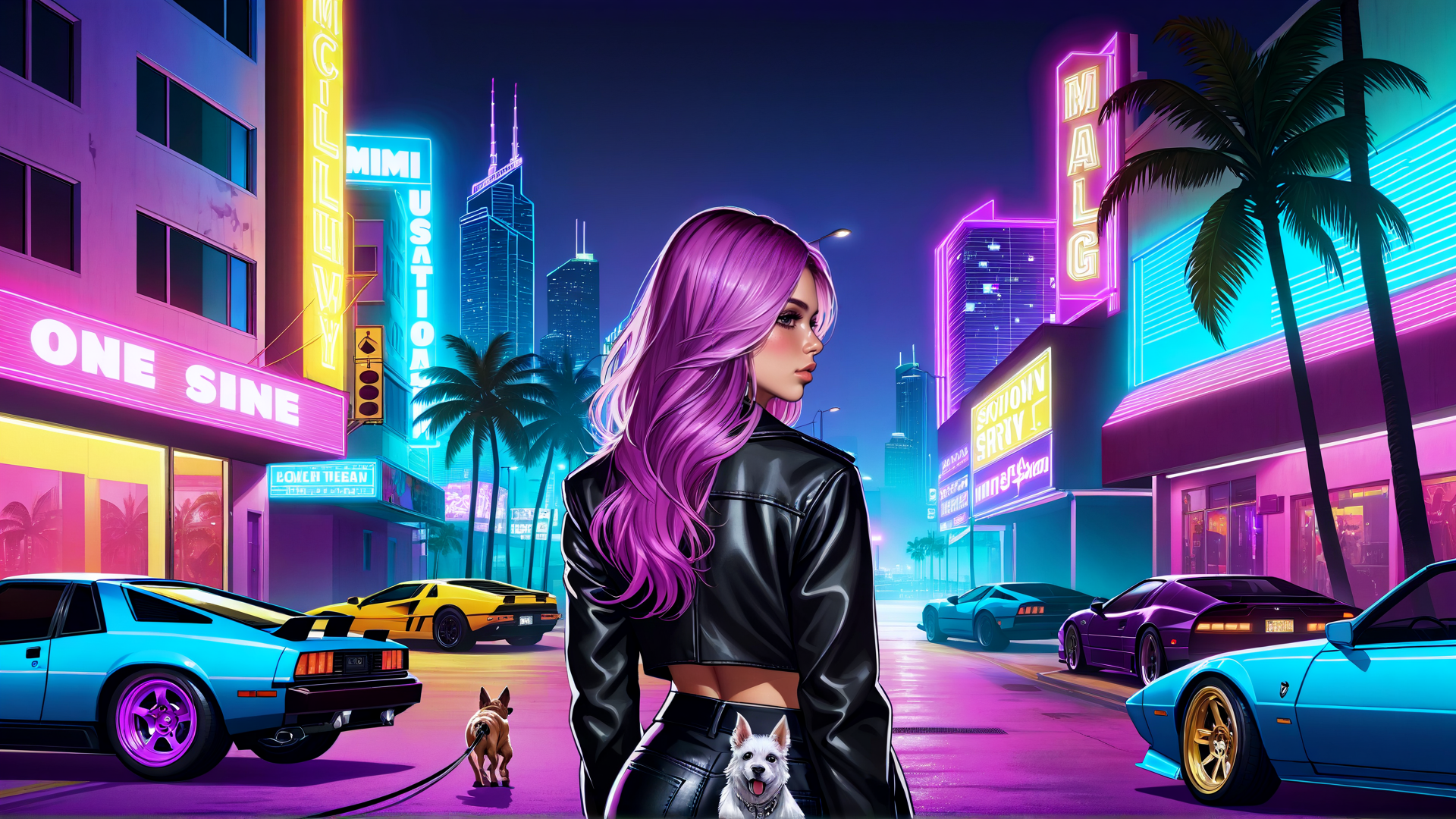 AI generated wallpaper featuring woman, dog, cars, palm tree, neon sign