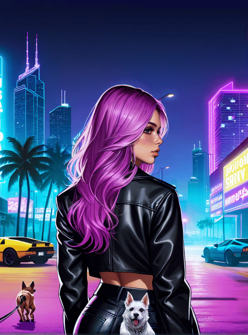 woman, dog, cars, palm tree, neon sign