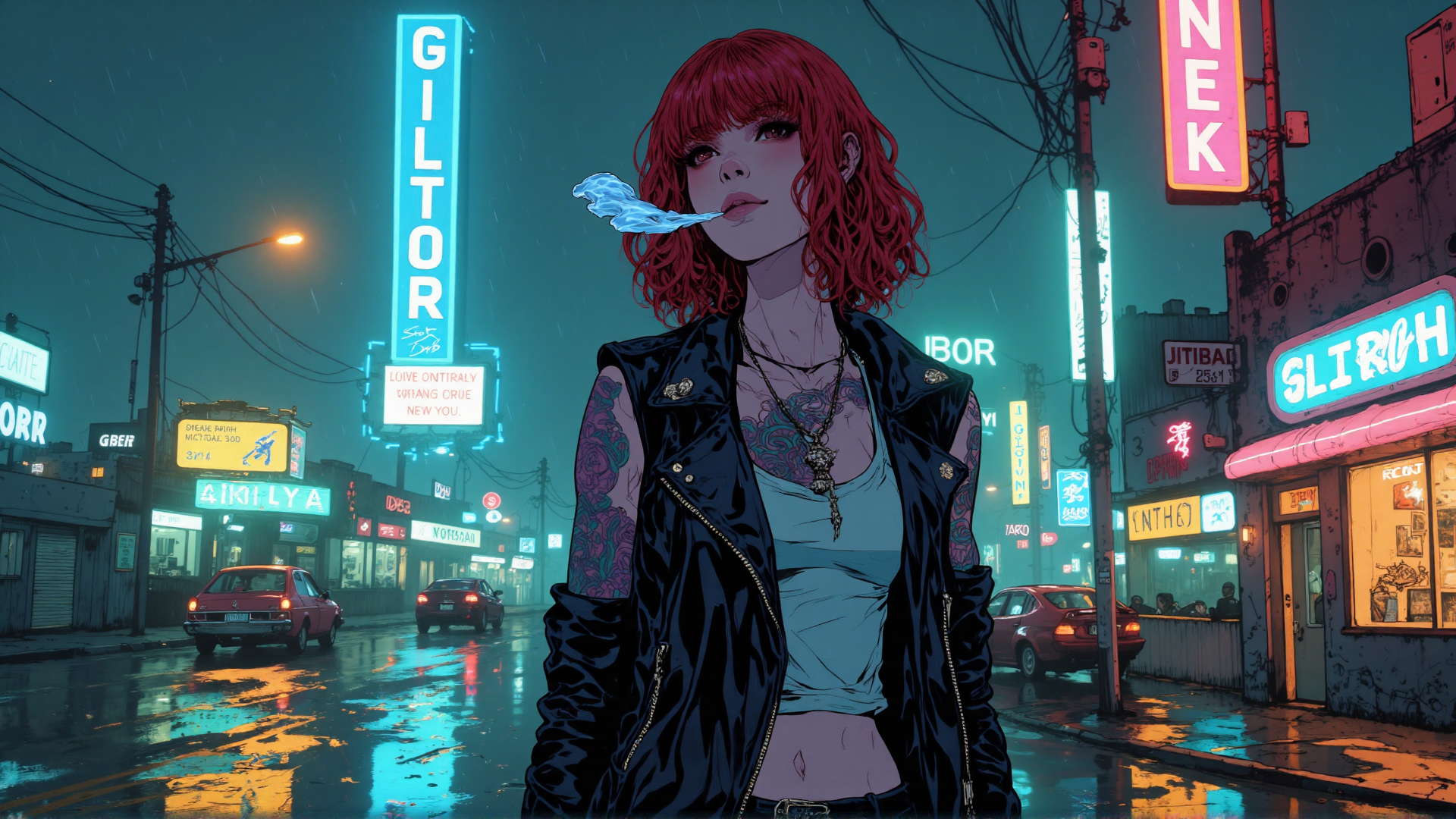 AI generated wallpaper featuring woman, tattoo, leather jacket, neon sign, city street, rain