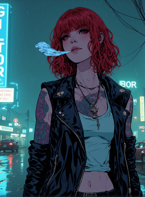 woman, tattoo, leather jacket, neon sign, city street, rain