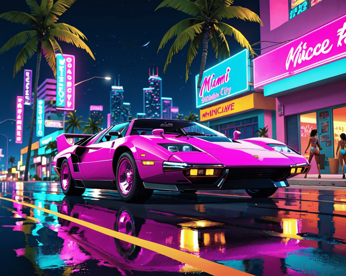 AI generated wallpaper featuring car, city, palm tree