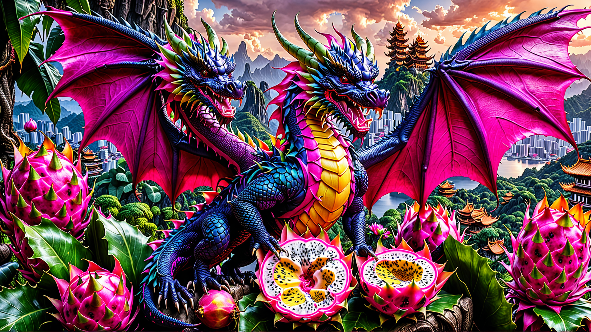 AI generated wallpaper featuring dragons, dragon, fruit