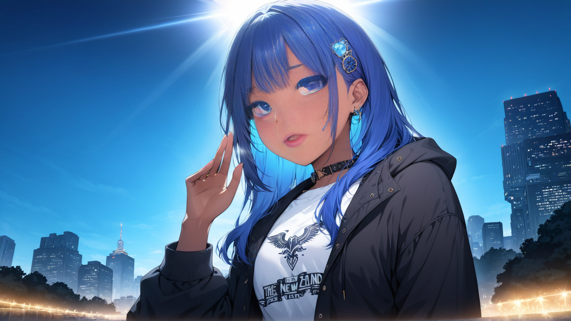 AI generated wallpaper featuring anime girl, cityscape