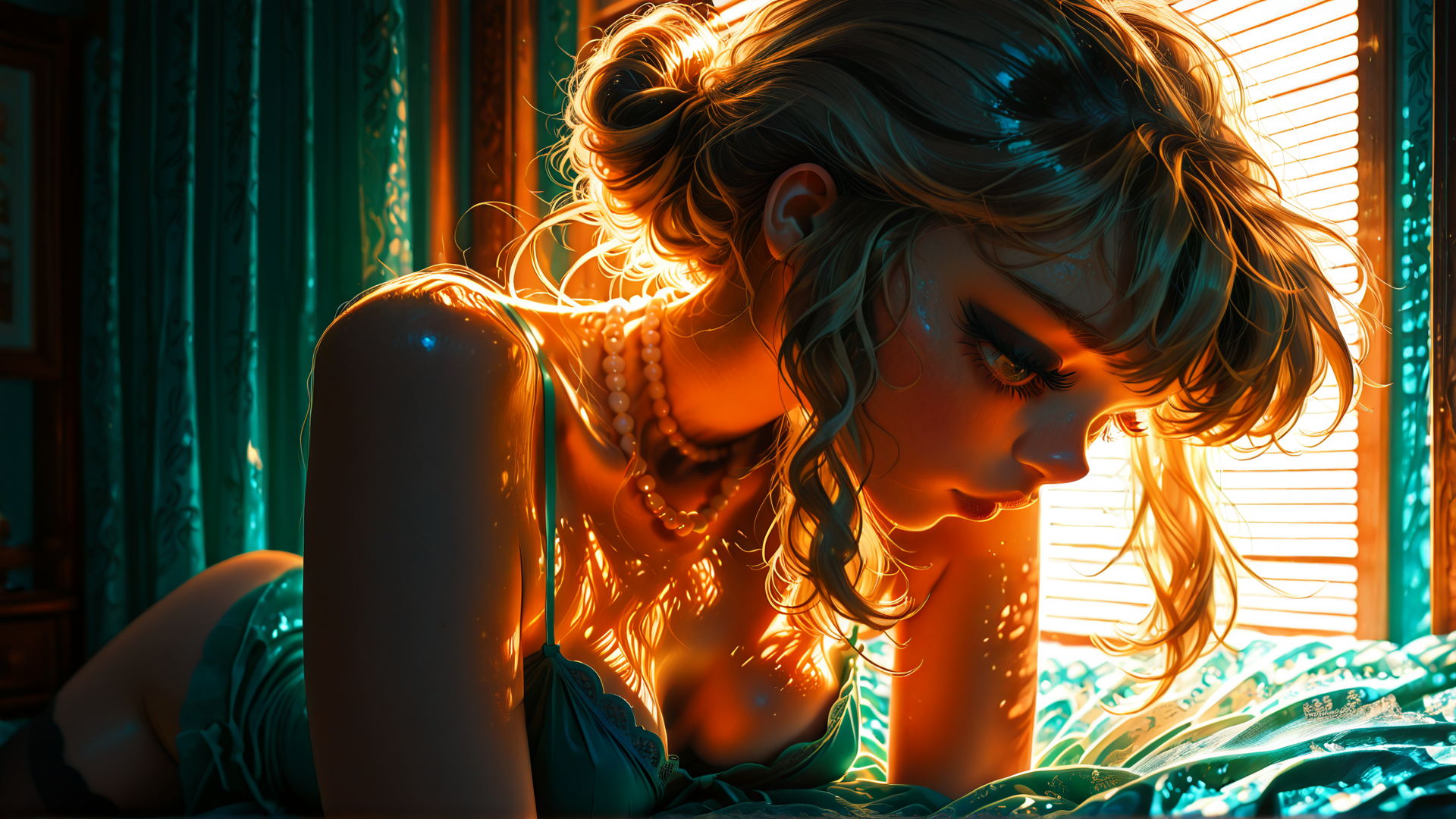 AI generated wallpaper featuring woman, curly hair, pearl necklace, bed, sunset light
