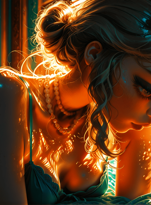 woman, curly hair, pearl necklace, bed, sunset light