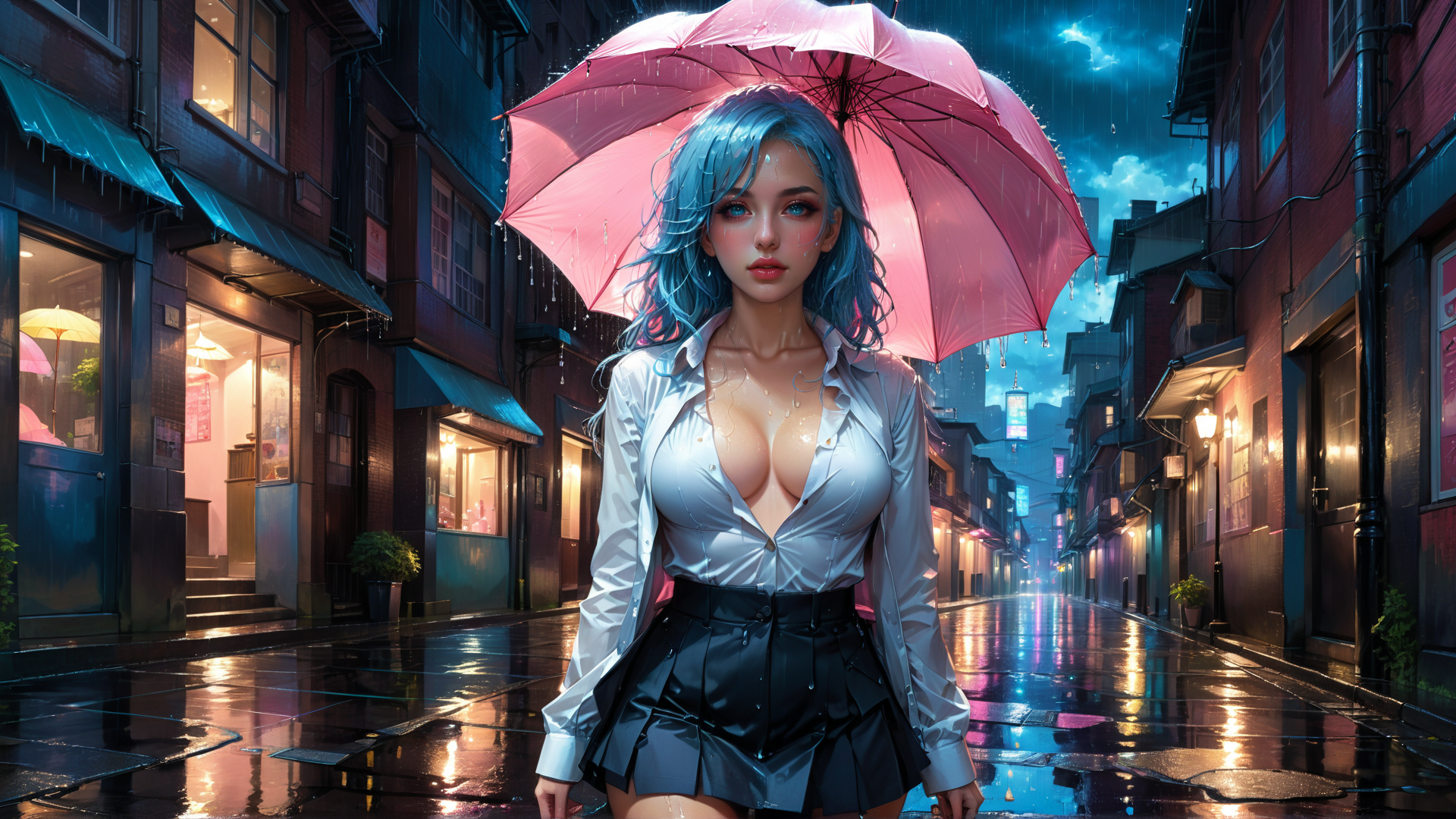 AI generated wallpaper featuring woman, umbrella, street, building, rain