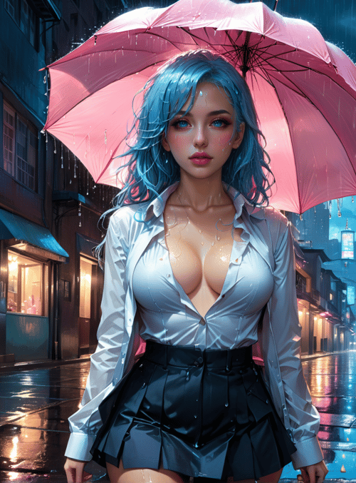 woman, umbrella, street, building, rain