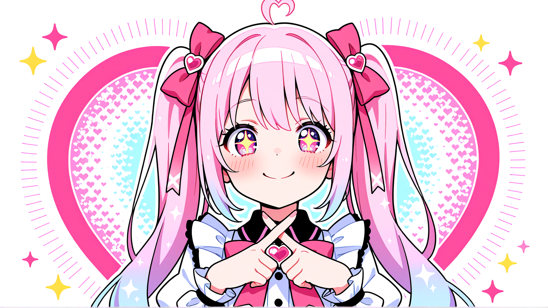 AI generated wallpaper featuring girl, anime, character, double ponytails, hearts, stars