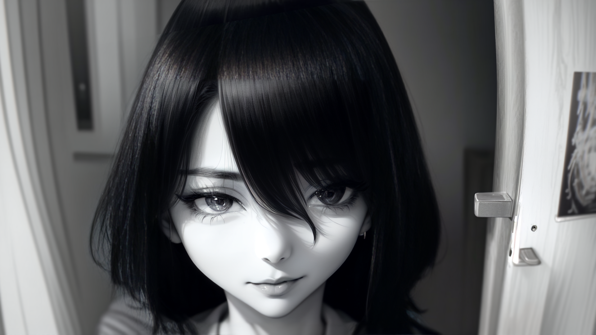 AI generated wallpaper featuring woman, hair, door