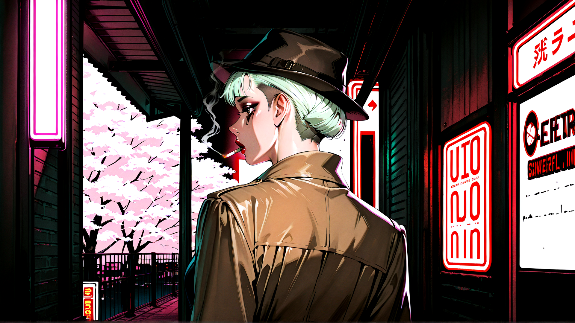 AI generated wallpaper featuring woman, hat, jacket, cigarette, neon, signs, cherry blossoms, bats, station, signage