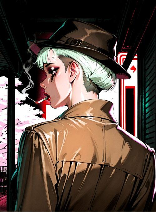 woman, hat, jacket, cigarette, neon, signs, cherry blossoms, bats, station, signage