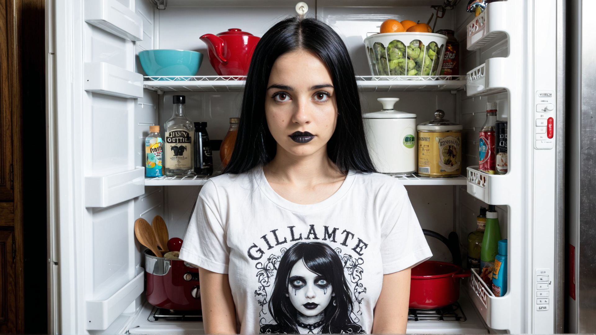 AI generated wallpaper featuring person, fridge, t-shirt