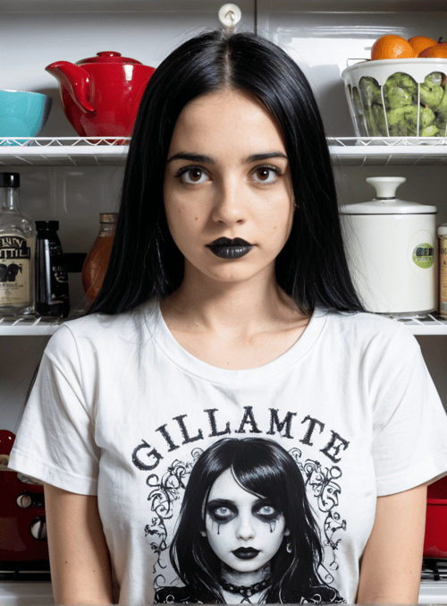 person, fridge, t-shirt