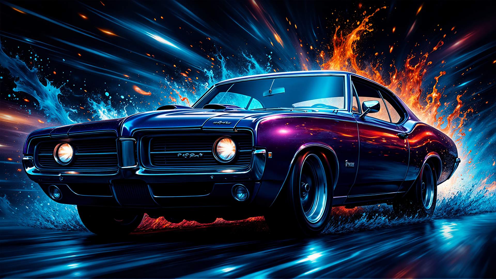 AI generated wallpaper featuring car, muscle car, fire, water, speed