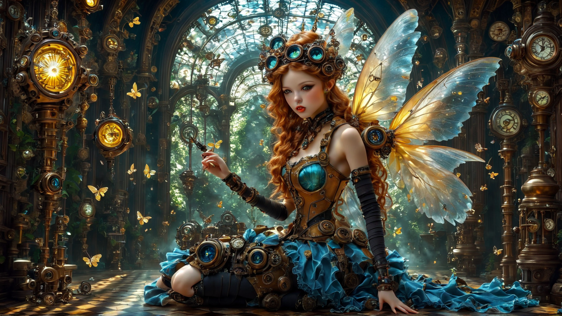 AI generated wallpaper featuring fairy, clockwork, butterfly, gears, steampunk, wings, clocks, redhead, dress, lens