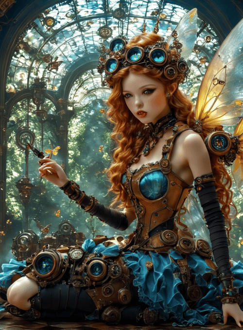 fairy, clockwork, butterfly, gears, steampunk, wings, clocks, redhead, dress, lens