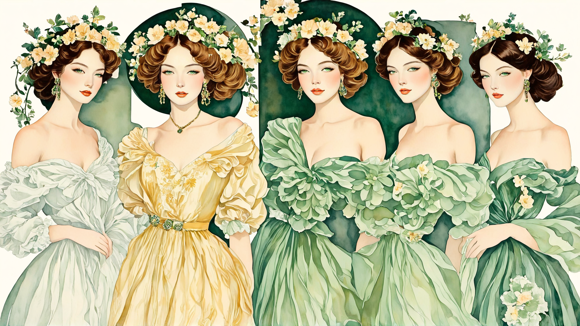 AI generated wallpaper featuring women, dresses, flowers, headdresses, jewelry