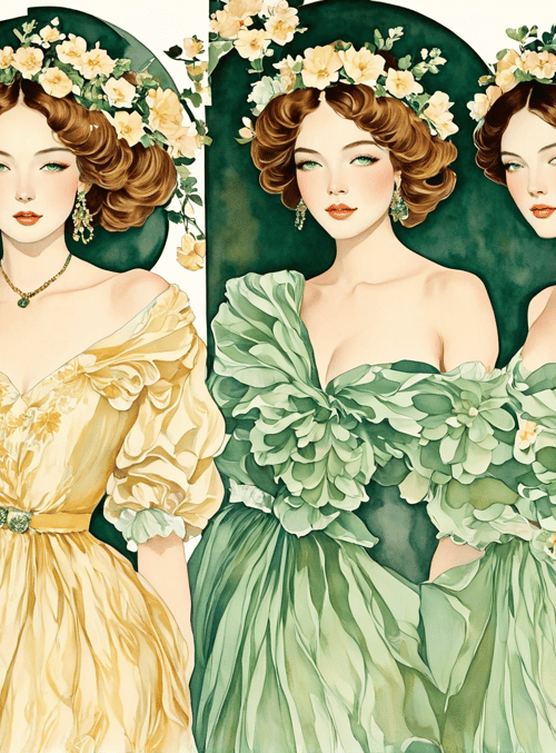 women, dresses, flowers, headdresses, jewelry