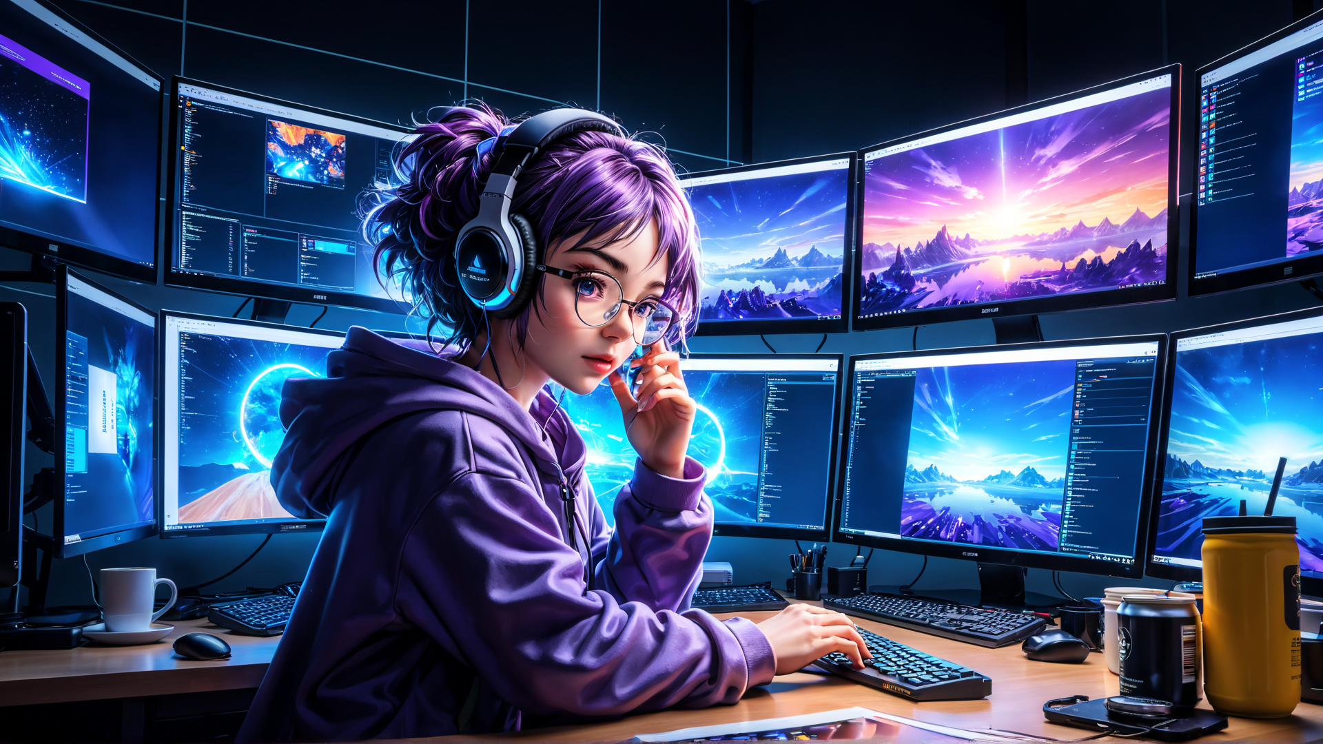 AI generated wallpaper featuring person, headphones, monitors, keyboard, glasses, hoodie, cup, mug, mouse, keyboard