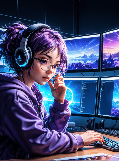 person, headphones, monitors, keyboard, glasses, hoodie, cup, mug, mouse, keyboard
