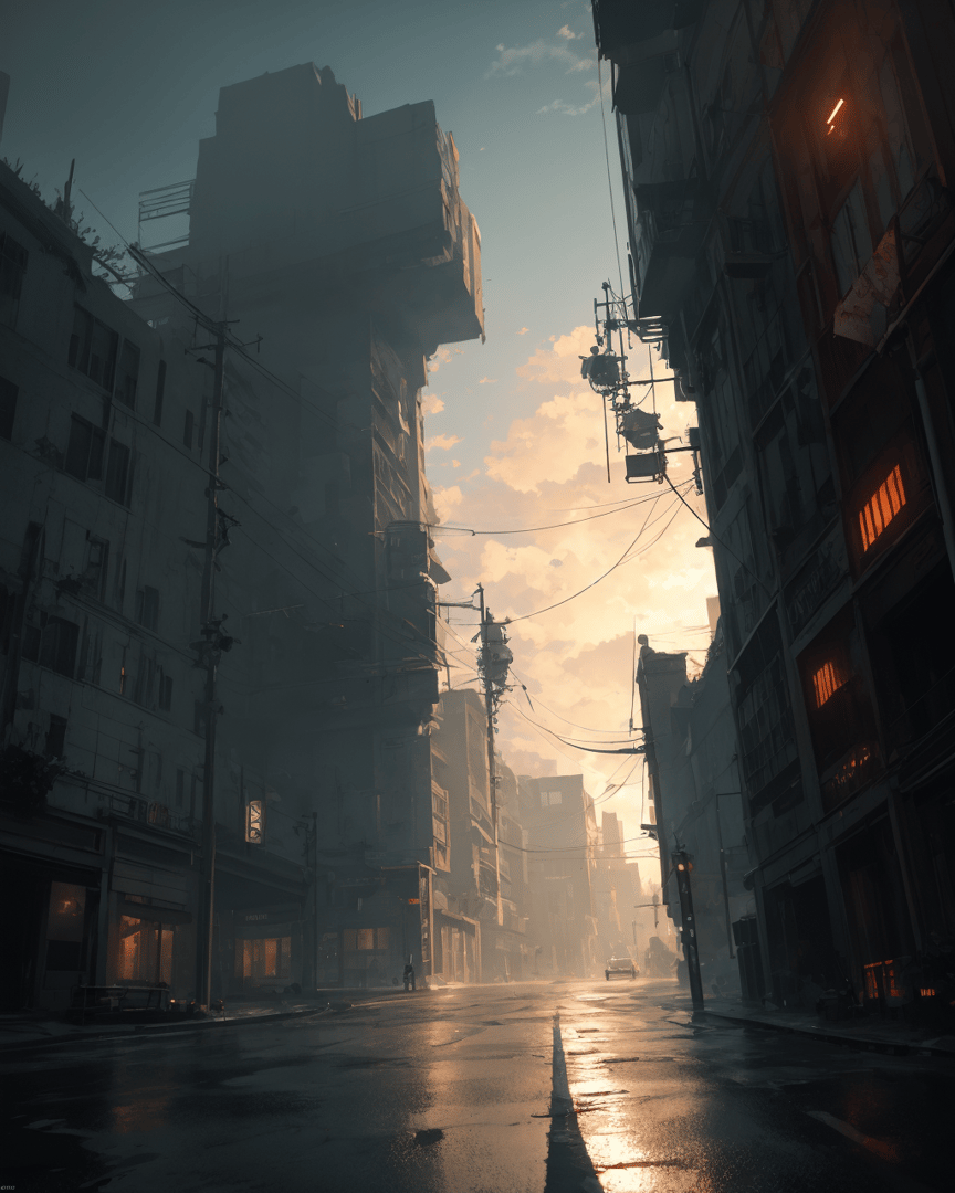 AI generated wallpaper featuring street, cityscape, buildings