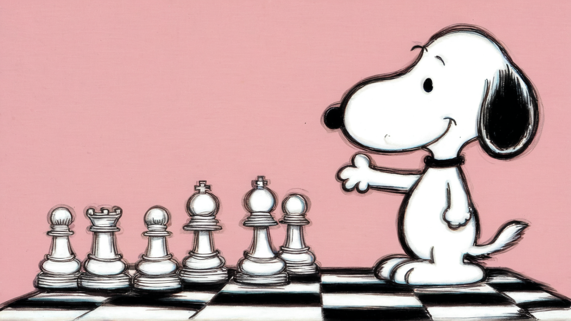 AI generated wallpaper featuring snoopy, chess pieces, chessboard