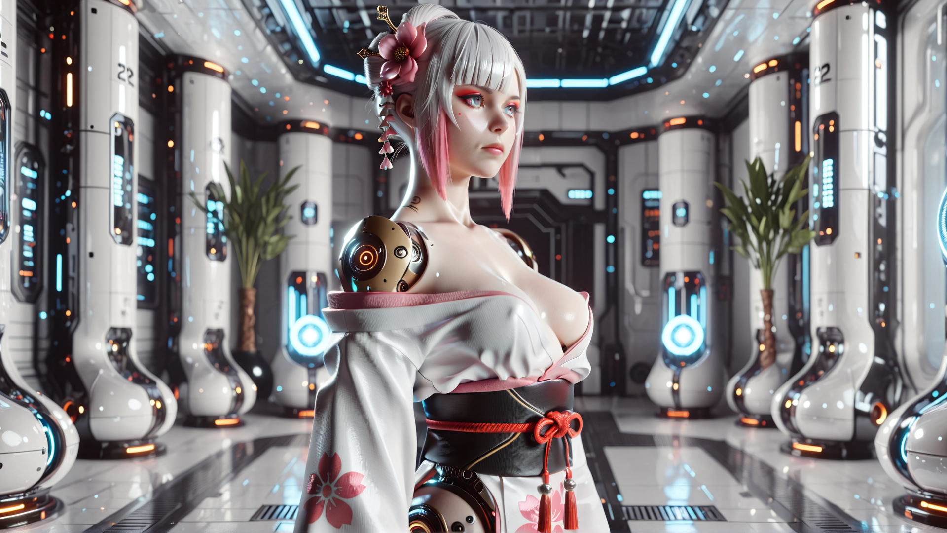AI generated wallpaper featuring cybernetic, geisha, robot, woman, anime