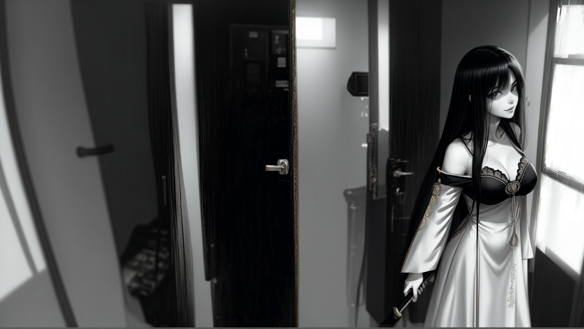 AI generated wallpaper featuring woman, sword, door