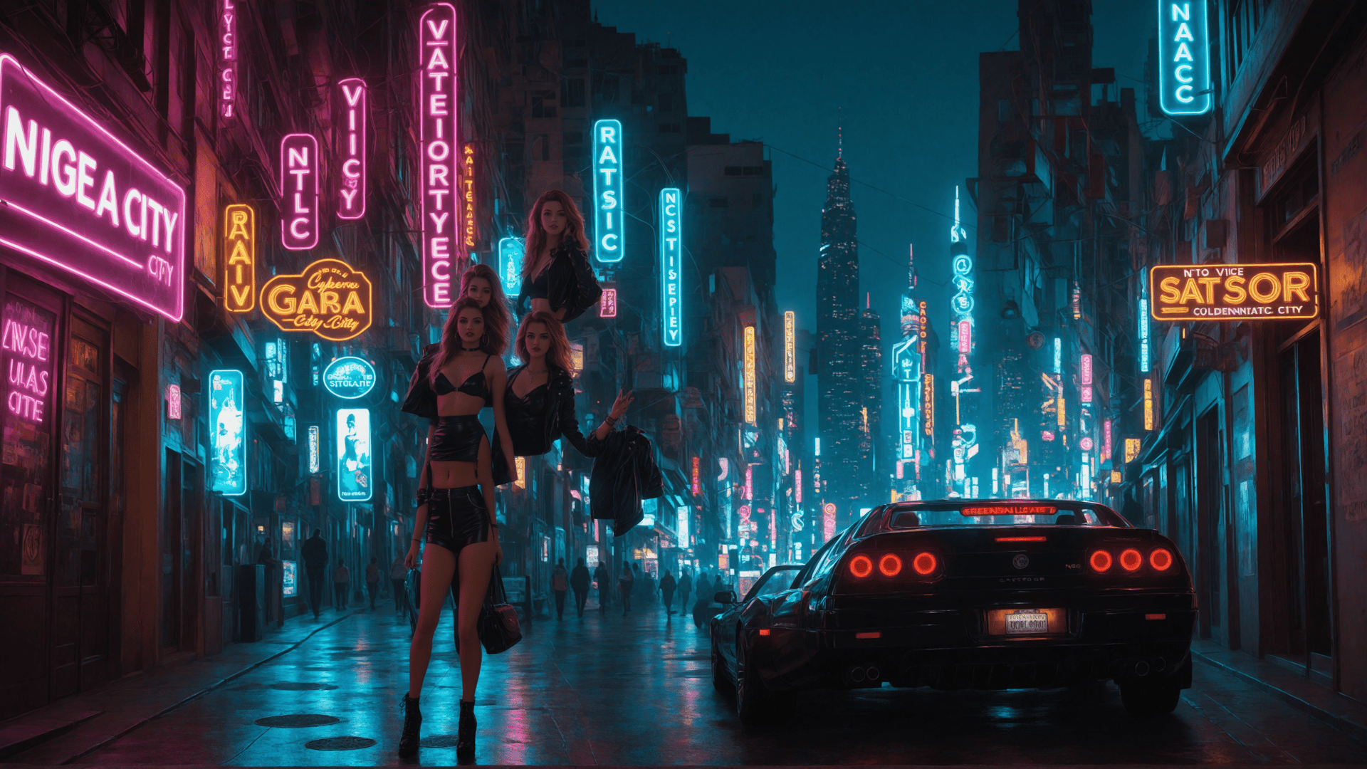 AI generated wallpaper featuring women, car, neon signs