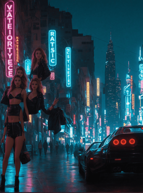 women, car, neon signs
