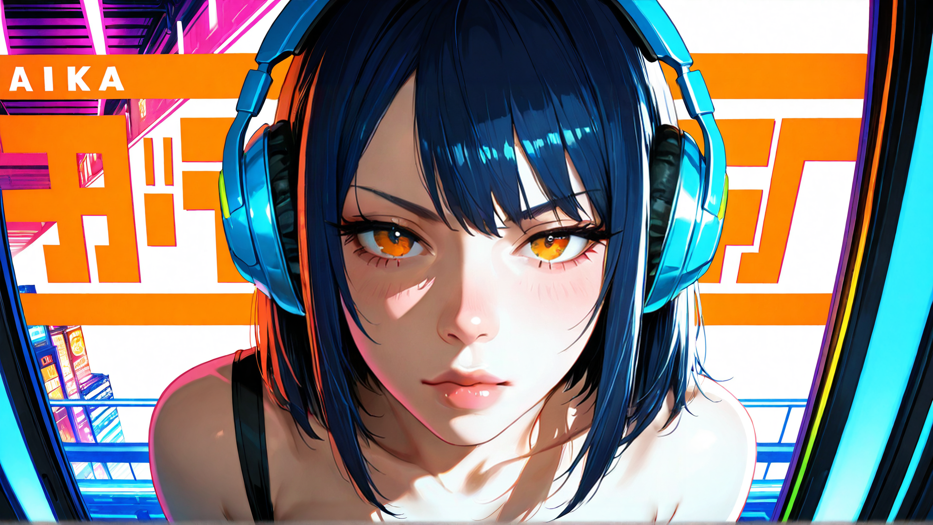 AI generated wallpaper featuring girl, headphones, anime, cyberpunk