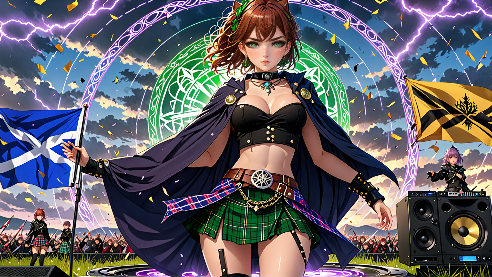 AI generated wallpaper featuring woman, flags, stage
