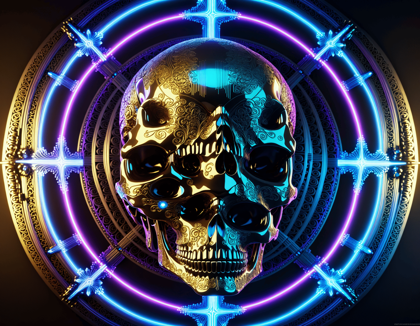 AI generated wallpaper featuring skull, neon, circle
