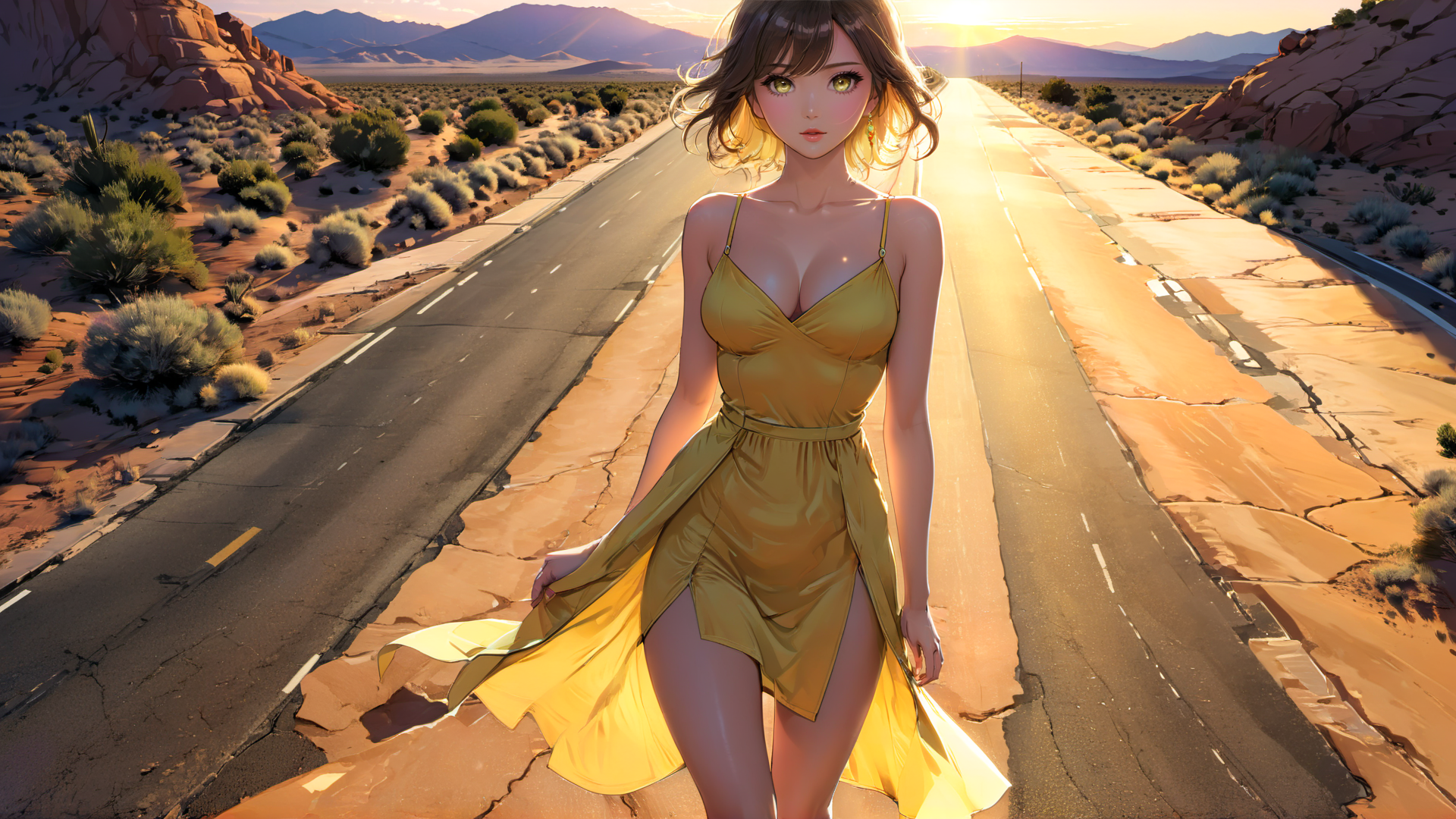 AI generated wallpaper featuring woman, road, desert