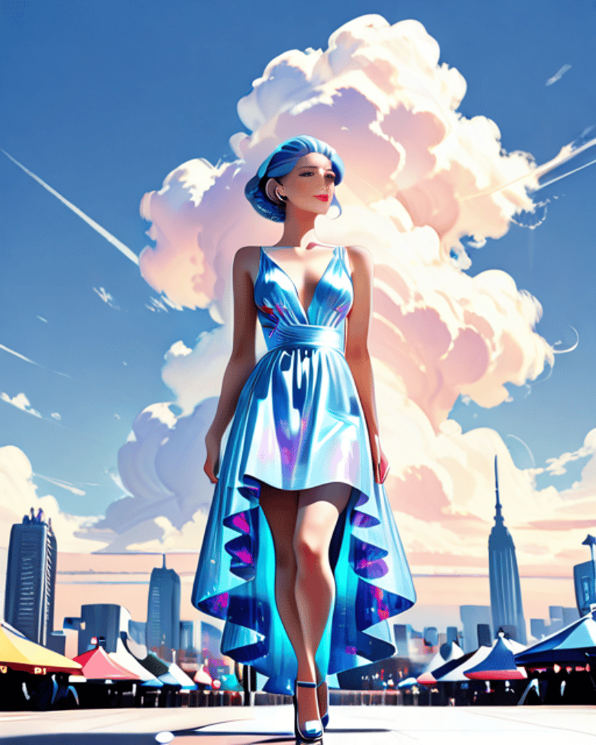 AI generated wallpaper featuring woman, cityscape, clouds