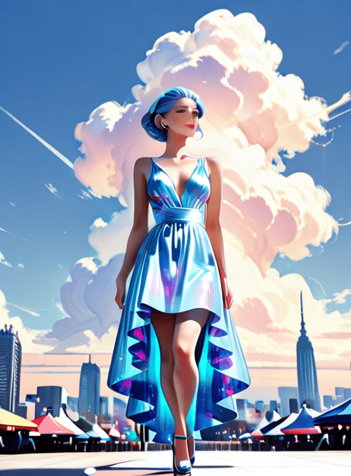woman, cityscape, clouds