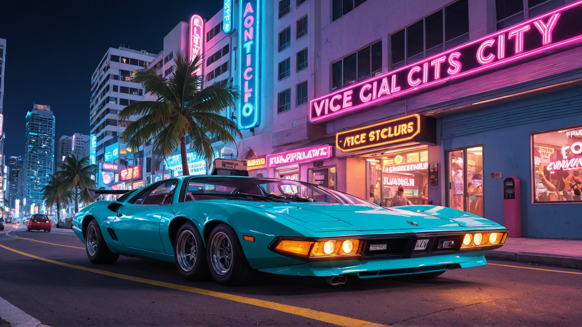 AI generated wallpaper featuring car, neon signs, city
