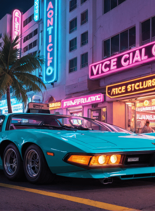 car, neon signs, city