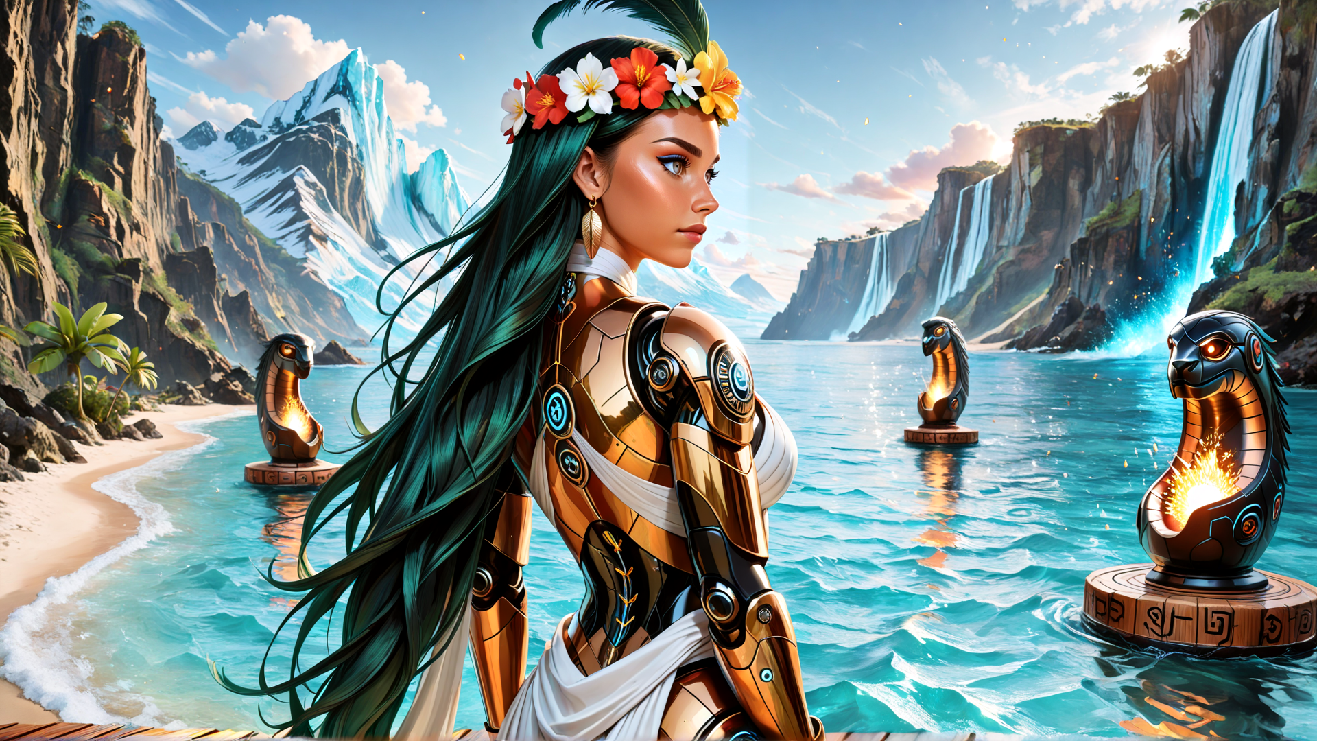 AI generated wallpaper featuring woman, statue, waterfall, mountain, beach, ocean