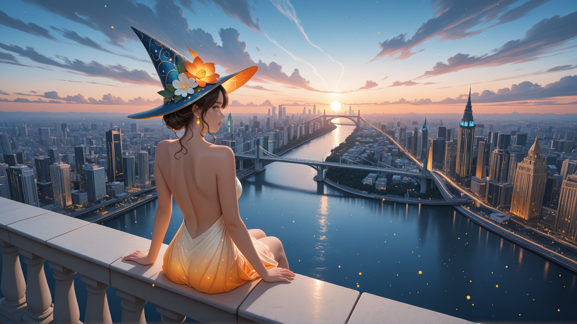 AI generated wallpaper featuring witch, cityscape, river, bridge, sunset, woman, dress, hat, flowers, skyline