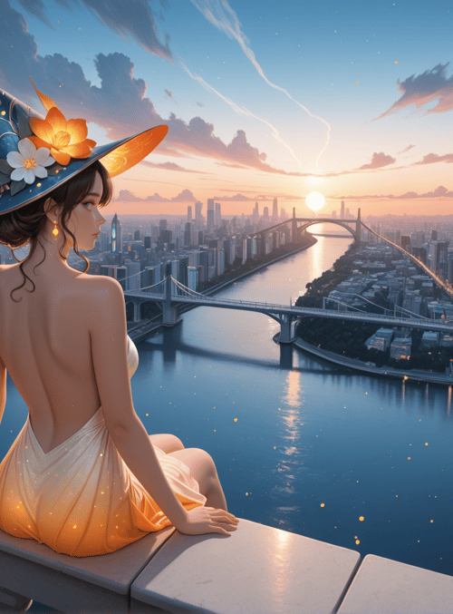 witch, cityscape, river, bridge, sunset, woman, dress, hat, flowers, skyline