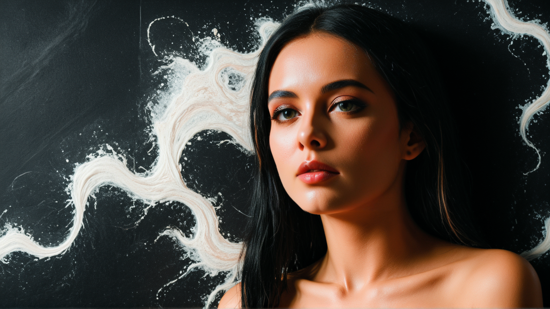 AI generated wallpaper featuring woman, hair, chalk, background