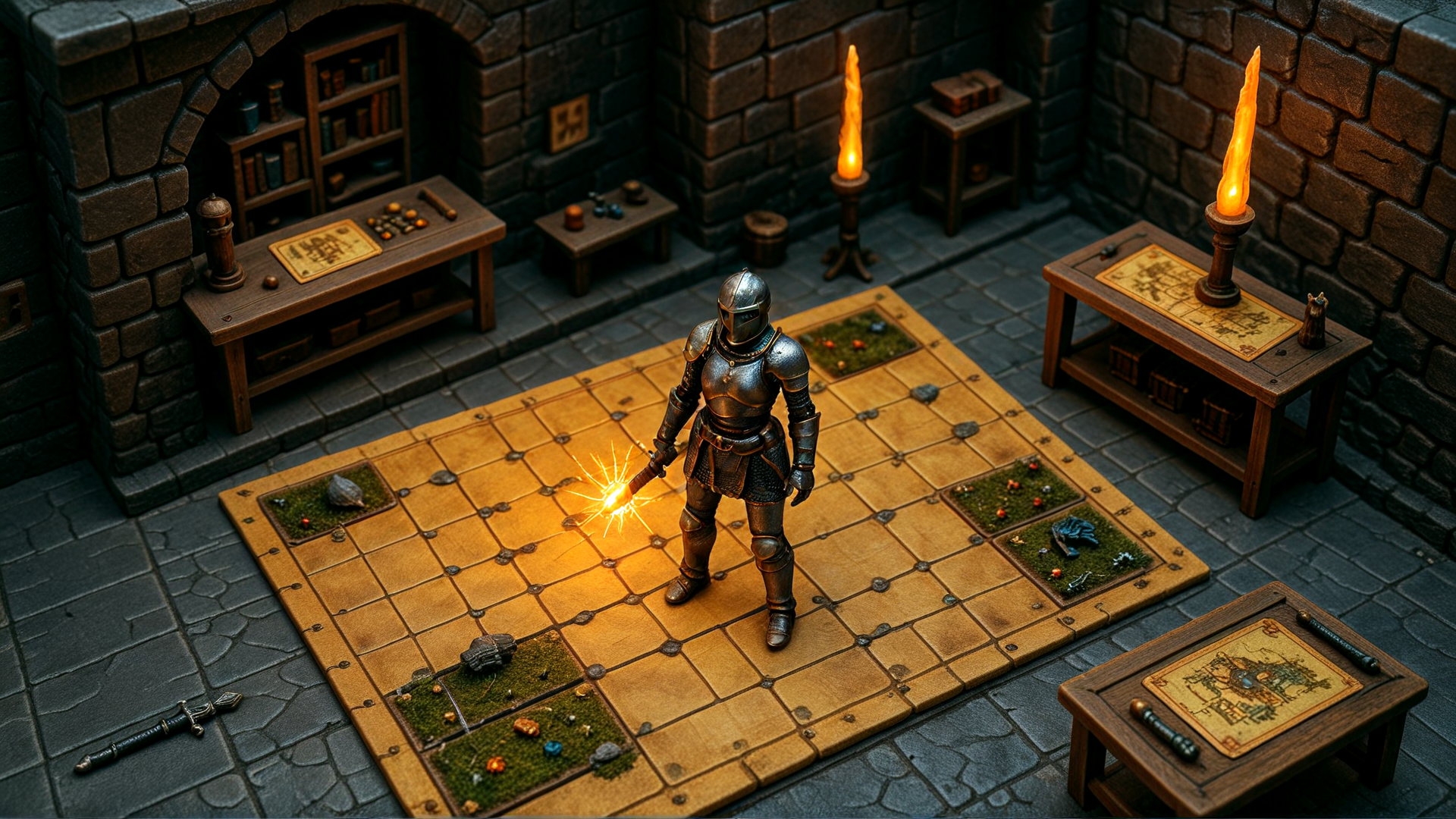 AI generated wallpaper featuring knight, board game, candle, bookshelf, stone wall, table, sword, map, dice, scroll