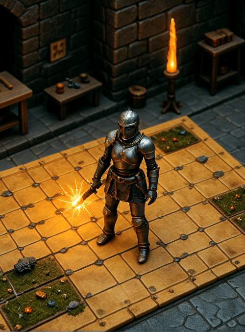 knight, board game, candle, bookshelf, stone wall, table, sword, map, dice, scroll