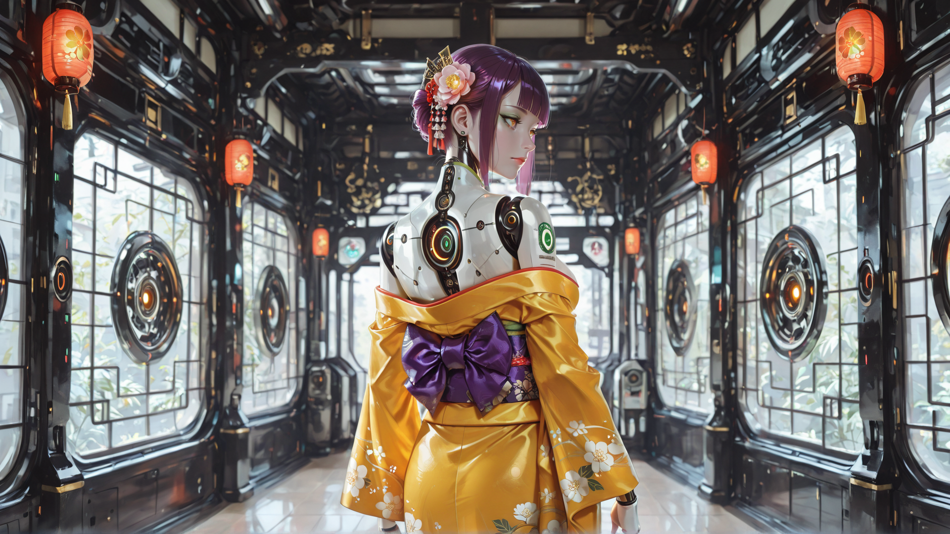 AI generated wallpaper featuring robot, geisha, kimono, lantern, corridor, mechanical, silk, flowers, window, gears
