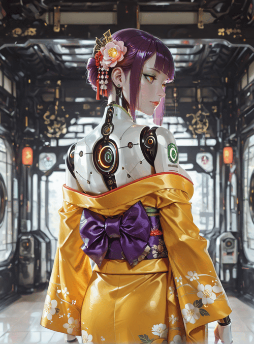 robot, geisha, kimono, lantern, corridor, mechanical, silk, flowers, window, gears